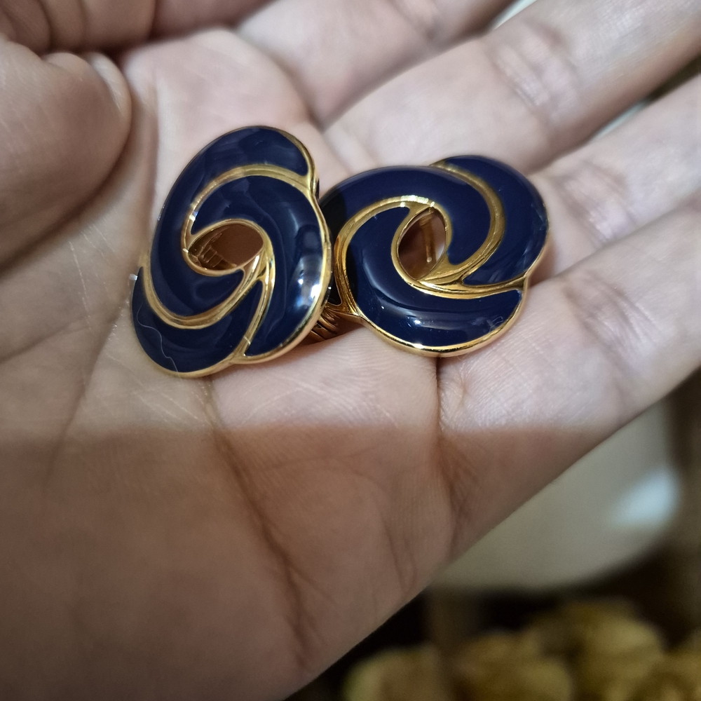 Monet Navy Blue and Gold Swirl Clip-On Earrings